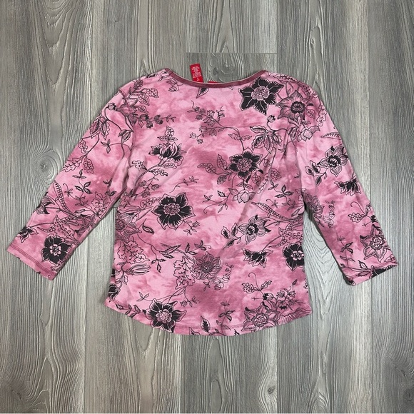 Gloria Vanderbilt Mauve Floral Velvet Trim 3/4 Sleeve V Neck Top Y2K Size S - Picture 4 of 6